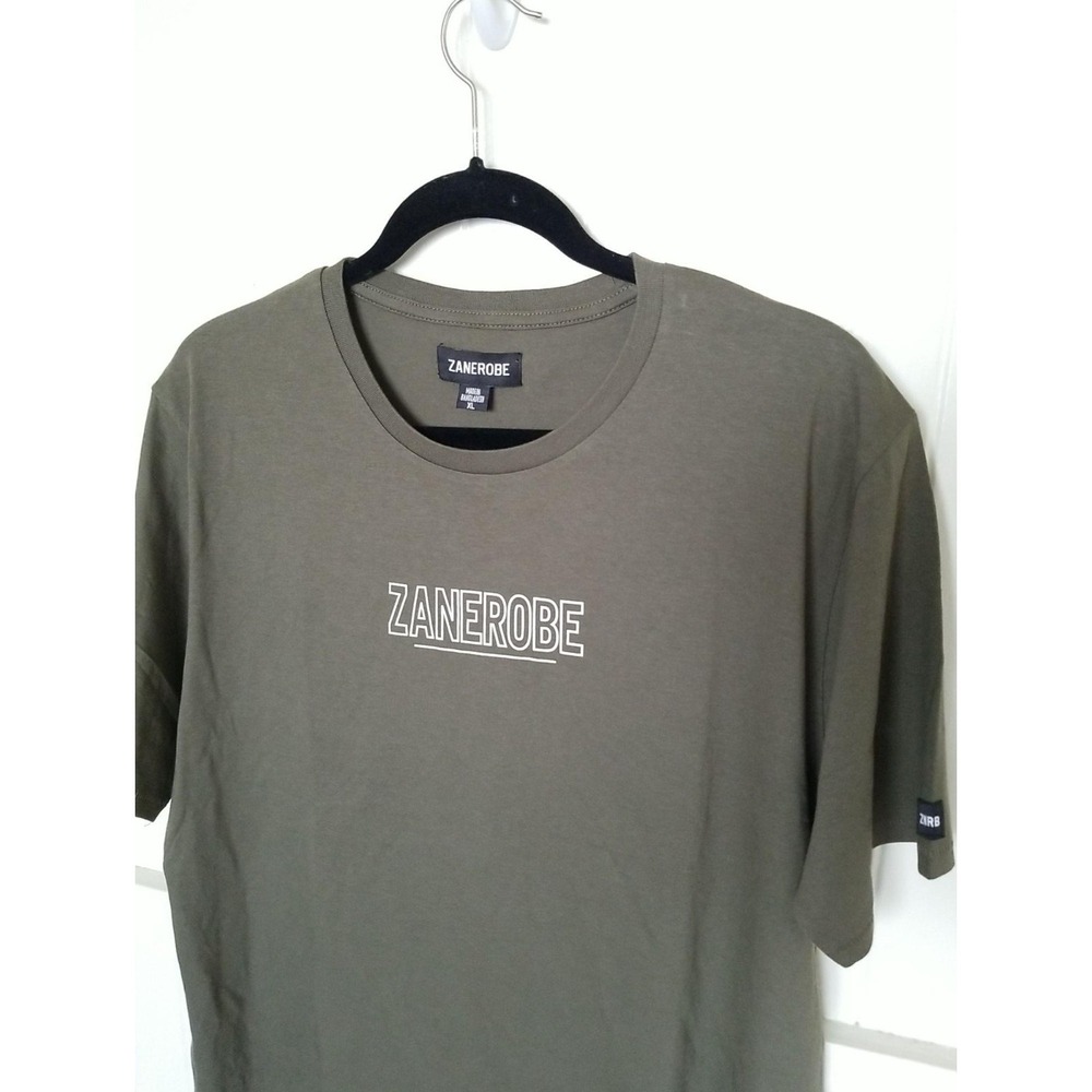 ZANEROBE‎ Shirt Logo Spellout Men's XL Olive Green Cotton Short Sleeve